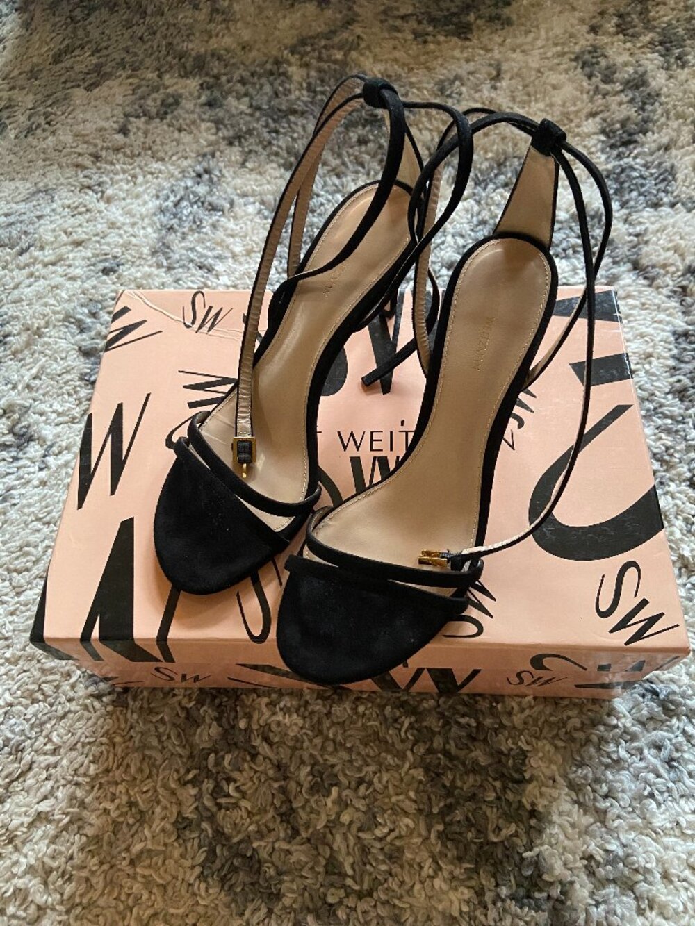 Stuart Weitzman black velvet strappy heels 7.5 (with Box)